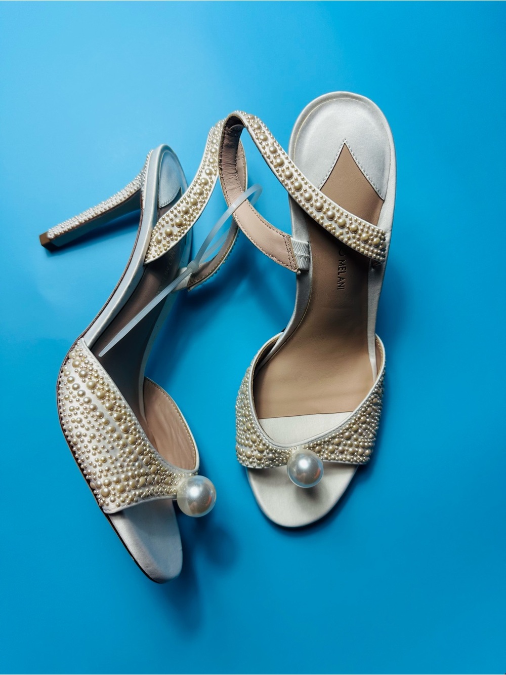 ANTONIO MELANI Pearl-Embellished Ivory Satin Heels